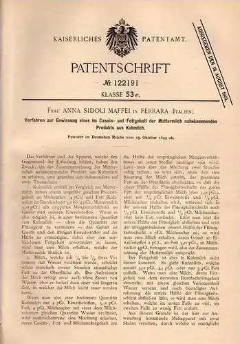 Original Patentschrift - A. Sidoli Maffei in Ferrara , Italia , 1899 , recupero da latte di mucca, mucca !!!