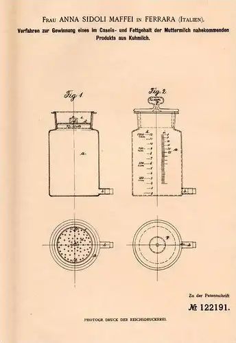 Original Patentschrift - A. Sidoli Maffei in Ferrara , Italia , 1899 , recupero da latte di mucca, mucca !!!