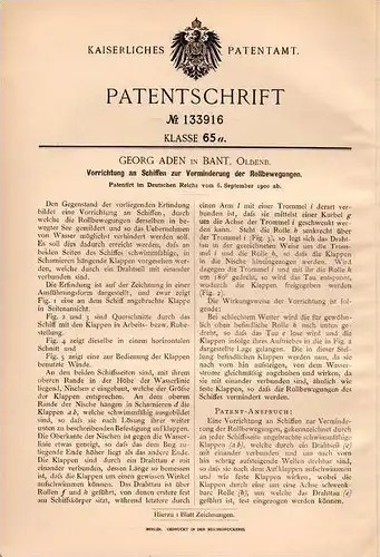 Original Patentschrift - G. Aden in Bant b. Rüstringen , 1900 , Apparat für Schiffe , Schiff , Oldenburg   !!!