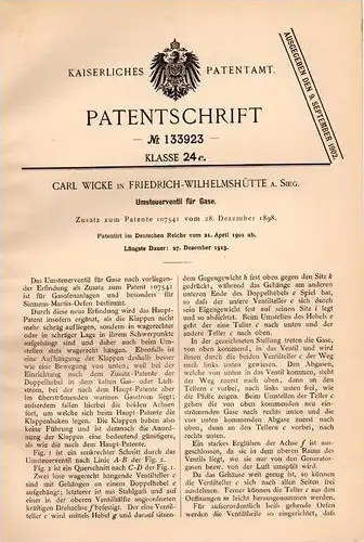 Original Patentschrift - Carl Wicke in Friedrich - Wilhelms-Hütte a. Sieg , 1901 , Umsteuerventil für Gase , Gasofen !!!