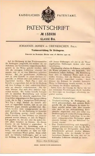 Original Patentschrift - J. Jansen in Odenkirchen , Rhld., 1900 , Trockenvorrichtung für Strähngarn , Mönchengladbach !!