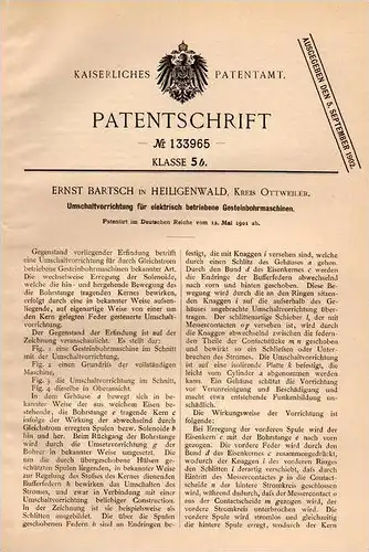 Original Patentschrift - E. Bartsch in Heiligenwald b. Ottweiler , 1901 , elektr. Gesteinbohrmaschine , Bergbau , Tunnel