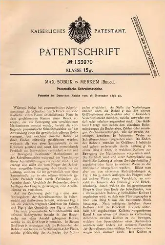 Original Patentschrift - Max Soblik in Merxem , 1898 , pneumatische Schreibmaschine !!!