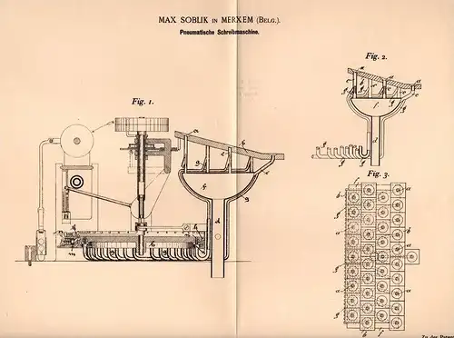 Original Patentschrift - Max Soblik in Merxem , 1898 , pneumatische Schreibmaschine !!!