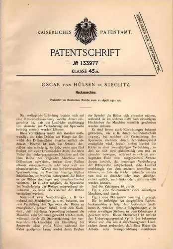 Original Patentschrift - Oscar von Hülsen in Steglitz - Berlin , 1901 , Hackmaschine , Pflug , Landwirtschaft , Agrar !!
