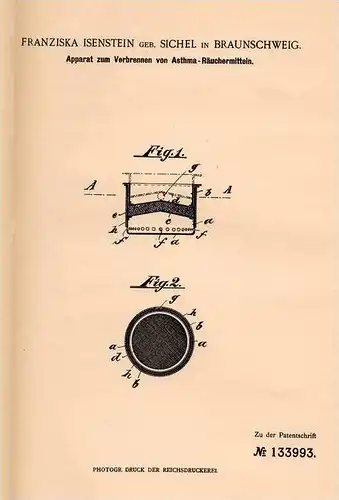 Original Patentschrift - F. Isenstein , geb. Sichel in Braunschweig , 1902 , Apparat für Asthma - Räuchermittel !!!