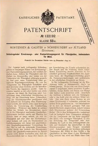 Original Patentschrift - Mortensen & Galster in Nørresundby b. Aalborg , 1899 , Apparat zur Milch - Pasteurisierung !!!