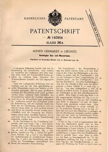 Original Patentschrift - A. Gerhardt in Liegnitz , 1901 , Gas - und Wasserhahn , Klempnerei , Klempner , Heizungsbau !!!