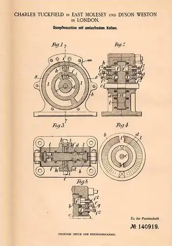 Original Patentschrift - C. Tuckfield in East Molesey , 1901 , steam engine with rotating pistons , piston !!!