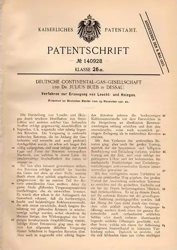 Original Patentschrift - Dr. Julius Bueb in Dessau , 1901 , Herstellung von Leucht- und Heizgas , Gas !!!