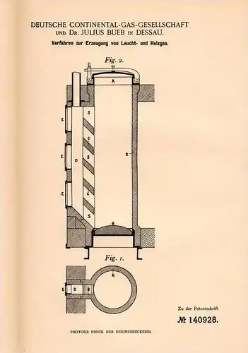 Original Patentschrift - Dr. Julius Bueb in Dessau , 1901 , Herstellung von Leucht- und Heizgas , Gas !!!