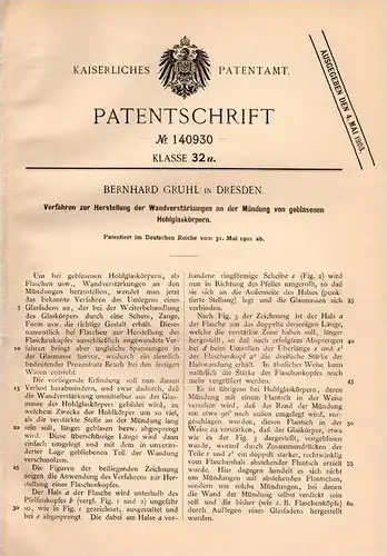Original Patentschrift - B. Gruhl in Dresden , 1902 , Hohlglas - Herstellung , geblasene Gläser , Glasbläserei , Glas !