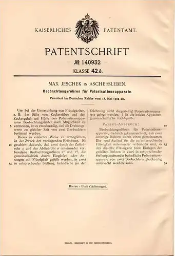 Original Patentschrift - Max Jeschek in Aschersleben , 1902 , Beobachtungsrühre für Polarisationsapparate , Zuckersaft !