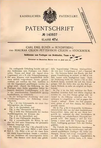 Original Patentschrift - C- Egnér und H. Celion in Sundbyberg und Stockholm , 1902 , Telegraphenstange - Seilklemme !!!