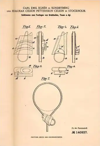 Original Patentschrift - C- Egnér und H. Celion in Sundbyberg und Stockholm , 1902 , Telegraphenstange - Seilklemme !!!