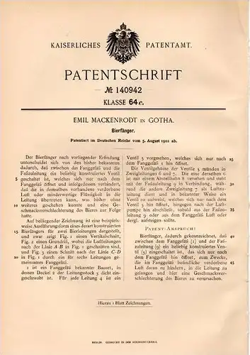 Original Patentschrift - E. Mackenrodt in Gotha , 1902 , Bierfänger , Bier , Brauerei , Kneipe , Bierstube !!!
