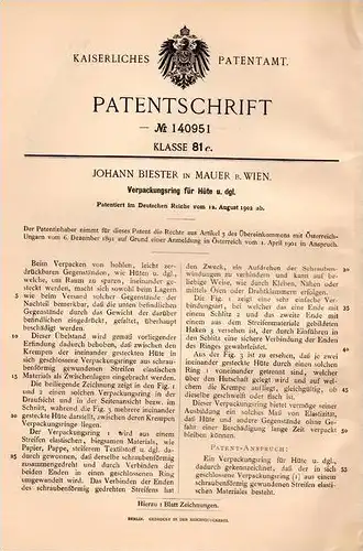 Original Patentschrift - Joh. Biester in Mauer b. Wien , 1902 , Verpackungsring für Hüte , Hut , Hutmacher !!!