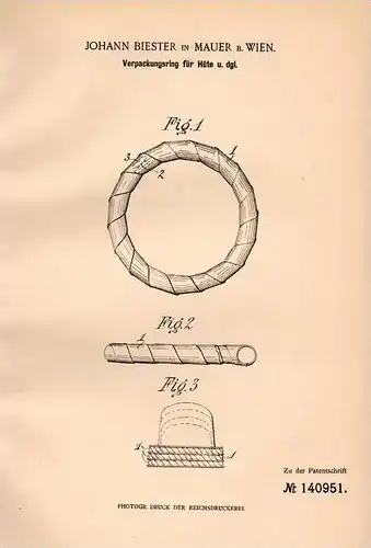 Original Patentschrift - Joh. Biester in Mauer b. Wien , 1902 , Verpackungsring für Hüte , Hut , Hutmacher !!!