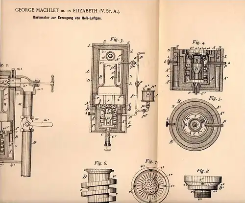 Original Patentschrift - George Machlet in Elizabeth , 1901 , carburettor for heating gas , petroleum !!!