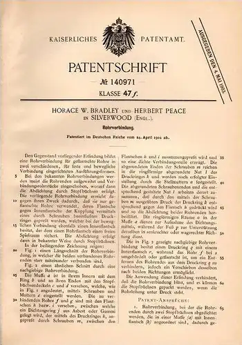 Original Patentschrift - H. Bradley und H. Peace in Silverwood , 1902 , connection for pipes , pipe !!!