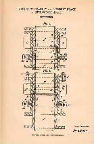 Original Patentschrift - H. Bradley und H. Peace in Silverwood , 1902 , connection for pipes , pipe !!!