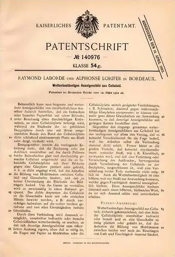 Original Patentschrift - R. Laborde und A. Lorifer in Bordeaux , 1902 , écran étanche en celluloïd !!!