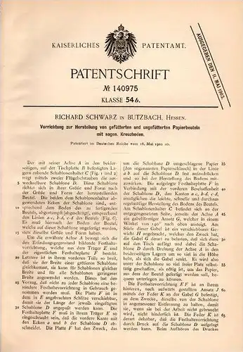 Original Patentschrift - R. Schwarz in Butzbach i. Hessen , 1902 , Papierbeutel - Herstellung , Beutel , Tüte !!!