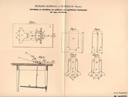 Original Patentschrift - R. Schwarz in Butzbach i. Hessen , 1902 , Papierbeutel - Herstellung , Beutel , Tüte !!!