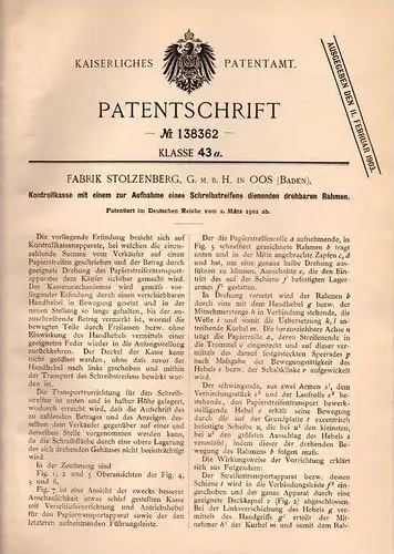 Original Patentschrift - Fa. Stolzenberg in Oos i. Baden , 1902 , Kontrollkasse , Kasse , Registrierkasse !!!