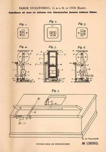 Original Patentschrift - Fa. Stolzenberg in Oos i. Baden , 1902 , Kontrollkasse , Kasse , Registrierkasse !!!