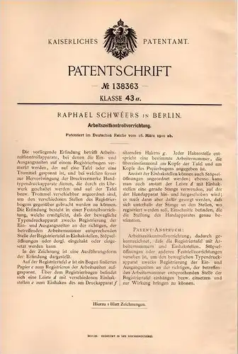 Original Patentschrift - R. Schwéers in Berlin , 1902 , Arbeitszeit - Kontrollvorrichtung , Arbeit , Beruf  !!!