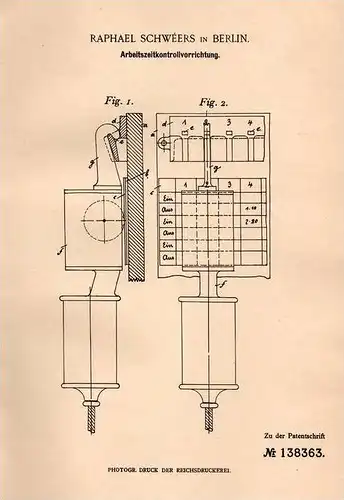 Original Patentschrift - R. Schwéers in Berlin , 1902 , Arbeitszeit - Kontrollvorrichtung , Arbeit , Beruf  !!!