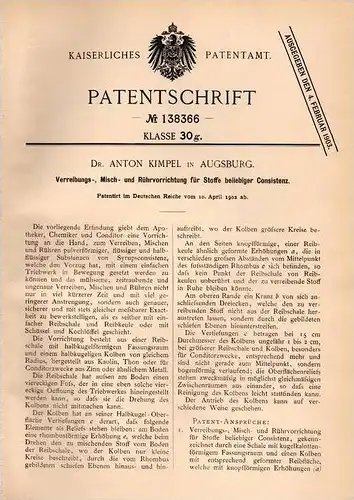 Original Patentschrift - Dr. Anton Kimpel in Augsburg , 1902 , Misch- und Rührapparat für Apotheke , Konditor , Chemiker