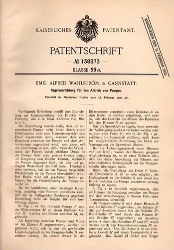 Original Patentschrift - E. Wahlström in Cannstatt , 1902 , Regler für Pumpenantrieb , Pumpe , Tranmission !!!