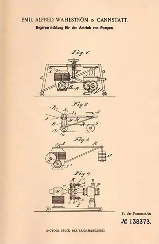 Original Patentschrift - E. Wahlström in Cannstatt , 1902 , Regler für Pumpenantrieb , Pumpe , Tranmission !!!