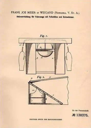 Original Patentschrift - F. Meier in Weigand , 1902 , heating for automobiles , automobile !!!