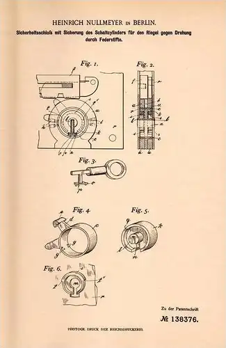 Original Patentschrift - H. Nullmeyer in Berlin , 1902 , Sicherheitsschloß mit Sicherung , Schlüsseldienst !!!