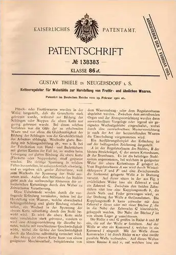 Original Patentschrift - Gustav Thiele in Neugersdorf i.S. , 1901 , Kettenregulator für Webstuhl , Weberei !!!