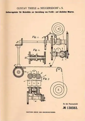 Original Patentschrift - Gustav Thiele in Neugersdorf i.S. , 1901 , Kettenregulator für Webstuhl , Weberei !!!