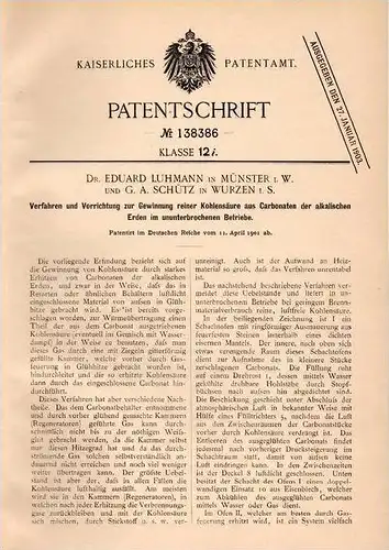 Original Patentschrift - Dr. E. Luhmann und G.A. Schütz in Münster i.W und Wurzen i.S., 1901 , Gewinnung von Kohlensäure