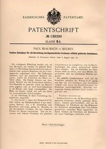 Original Patentschrift - Paul Blaubach in Bremen , 1901 , Schablone für Linoleum , Schablone , Teppich !!
