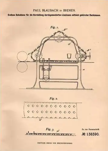 Original Patentschrift - Paul Blaubach in Bremen , 1901 , Schablone für Linoleum , Schablone , Teppich !!