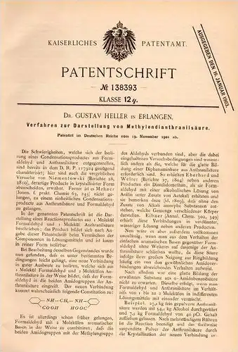 Original Patentschrift - Dr. Gustav Heller in Erlangen , 1901 , Darstellung von Methylendiantthrnilsäure , Chemie !!!