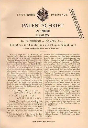 Original Patentschrift -Dr. G. Erdmann in Opladen , Rhld.1901 Darstellung von Phosphor -Oxychlorid , Leverkusen , Chemie