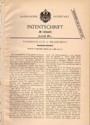 Original Patentschrift - Friedrich Lux in Heidelberg , 1902 , Quecksilber - Voltameter , Elekticität !!!