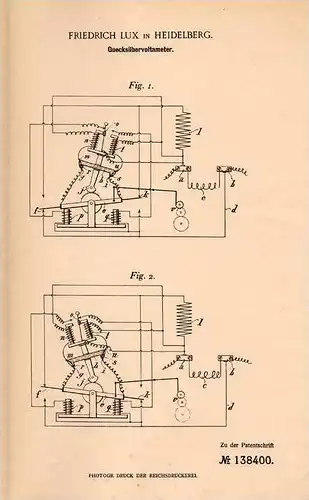 Original Patentschrift - Friedrich Lux in Heidelberg , 1902 , Quecksilber - Voltameter , Elekticität !!!