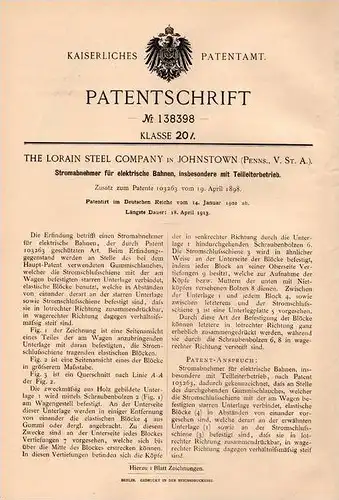 Original Patentschrift - The Lorain Steel Comp. in Johnstown , Penns.,1902 , Current apparatus for trams, railway , tram