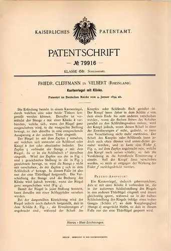 Original Patentschrift - F. Cleffmann in Velbert i. Rhld., 1894 , Riegel mit Klinke für Tür , Fenster- und Türenbau !!!