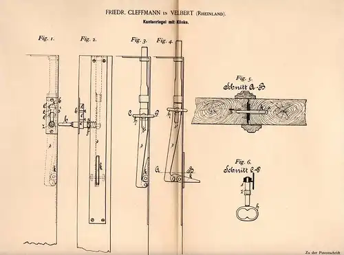 Original Patentschrift - F. Cleffmann in Velbert i. Rhld., 1894 , Riegel mit Klinke für Tür , Fenster- und Türenbau !!!