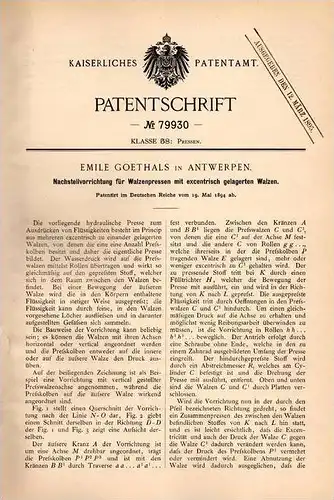 Original Patentschrift - E. Goethals in Antwerpen , 1894 , Nachstellung für Walzenpresse , Presse , Walze !!!